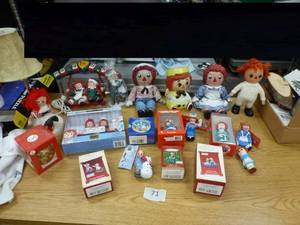 lot 71 image: Large group of Raggedy Ann and Andy including New Unopened Hallmark, vintage flashlight