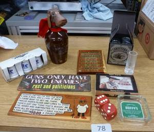 lot 78 image: New set of 4 shotgun shell shaped shot glasses, New Miller Lite Salt & Pepper, New John Wayne playing cards