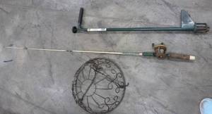 lot 101 image: Weeder, fishing rod and reel, hanging basket planter