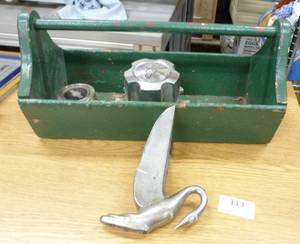 lot 113 image: vintage wood toolbox and vintage Packard style hood ornament and a couple hubcabs