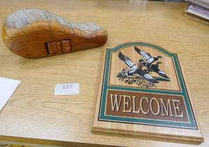 lot 127 image: New welcome sign and unique wood piece with secret hiding drawer for keys or jewelry
