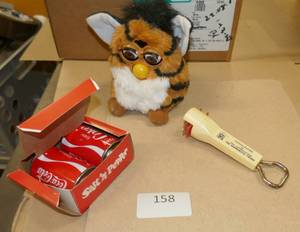 lot 158 image: Collectible Furby (doesnt respond) Twins bottle opener, Coke salt and pepper
