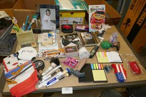 lot 161 image: Misc lot of fun pens, notepads, hand squeegees, magnifier, coke cards, matchbox, labels etc