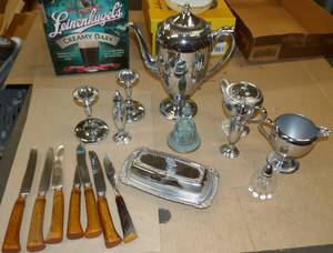 lot 162 image: Silverplate set and vintage antler knives stainless made in England