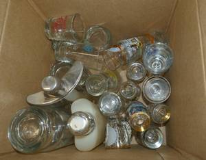 lot 163 image: Box of over 30 shotglasses, flasks, and more