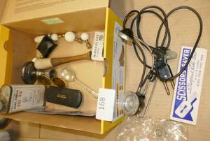 lot 168 image: Lot of vintage items - old phone operator set, eyeglasses, door pulls, pill smasher, pocket watch replacement bezels