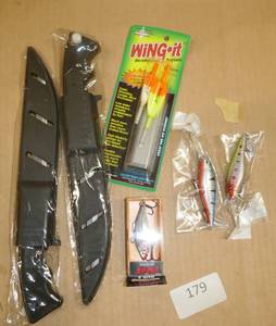 lot 179 image: Two new filet knives, lures and bobbers