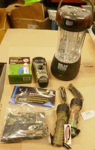 lot 195 image: Solar rechargeable lantern, mosquito repellant, camo flashlights, pocket knives and head cover