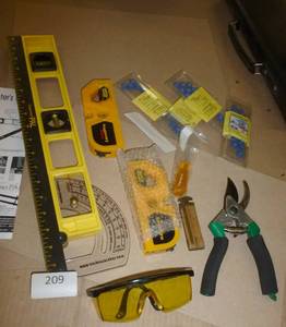 lot 209 image: New Carpenter pal angle ruler, laser levels, safety glasses and more
