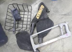 lot 211 image: Two totes and misc tools, saw, dewalt dust bags, Minnow bucket