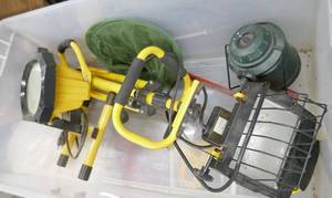 lot 236 image: two work lights and a coleman camping light