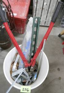 lot 256 image: bucket full of hangers, chain and bolt cutter, and box fan
