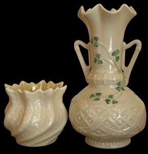 lot 130 image: Vintage Belleek Irish Porcelain Shamrock Harp Bud Vase and Belleek Limpet Yellow Nautilus Bud Vase