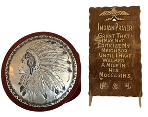 lot 128 image: Indian Prayer Plaque and Large Trinket with Beautiful Chief Embossed Designed Top