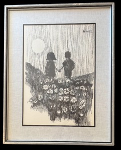 lot 125 image: Mid Century Modern 1969 Aldo Luongo Expressionism Lithograph Print Holding Hands
