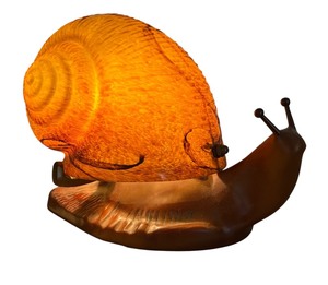 lot 123 image: Brass Snail Lamp with Amber Tone Art Glass Shade