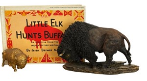 lot 63 image: Vintage Decor including Little Elk Hunts Buffalo by Jessie Brewer McGraw and Two Buffalo Sculptures