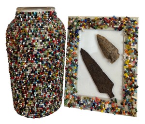 lot 67 image: Vintage Hand Beaded Vase and Mosaic Multiple Colored Frame includes Indian Triable Spearheads