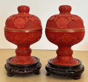 lot 69 image: Pair of Vintage Carved Chinese Cinnabar Lacquered Ginger Jars