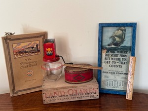 lot 99 image: Vintage Finds including a Vintage Wooden Land O Lake Wooden Cheese Box