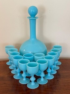 lot 86 image: Antique Portieux Vallerysthal French Blue Opaline Decanter Cordial Set