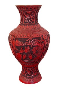 lot 19 image: Vintage Chinese Export Large Bombe Baluster Carved Red Cinnabar Vase