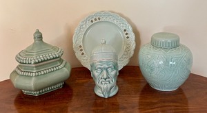 lot 84 image: Home Decor in Celadon Green including a Vintage Chinese Celadon Green Porcelain Ginger Jar Lotus Motifs wLid