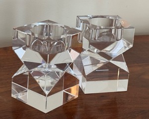 lot 40A image: Pair of Oleg Cassini Clear Geometric Crystal Candleholders