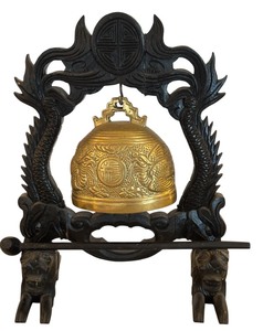 lot 193 image: Vintage Carved Wood and Brass Chinese Gong Bell