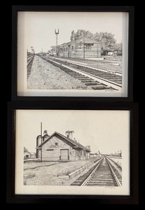 lot 279 image: Pair of Vintage Black and White Framed Original Drawings by John Cartright of Browns Valley & Pine City