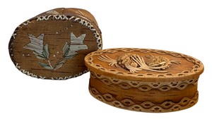 lot 274 image: Antique Hand Crafted Bent Wood and Quill Box and Oval Shaped Trinket Box