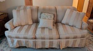 lot 216 image: Pink Stripe Upholstered Sofa by Century
