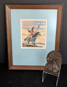 lot 259 image: Small Framed Native American Print and Bookend