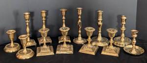 lot 102 image: Variety of Vintage Brass Candleholders