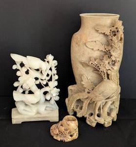 lot 103 image: Vintage Carved Soap Stone Vase and Figurine