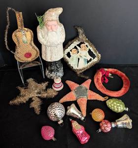lot 150 image: Antique Belsnickle Santa and Christmas Ornaments