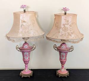 lot 60 image: Pair of Vintage Pink Urn Style Table Lamps
