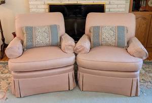 lot 56 image: Pair of Peachy Pink Hancock & Moore Armchairs