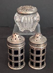 lot 58 image: Antique Sterling Silver Top Jar and Cobalt Salt and Pepper Shakers