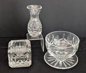lot 108 image: Petite Waterford Crystal Vase, Candleholder and Dessert Cup