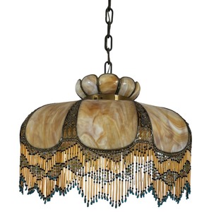 lot 4A image: Stunning Slag Glass Vintage Light Fixture with Beaded Accents