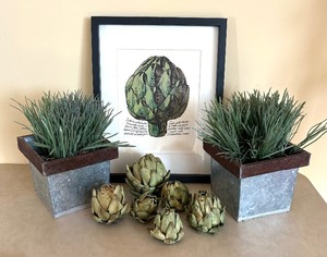 lot 65 image: Home Decor Variety including an Artichoke Print Wall Art, Faux Plants and Artichokes