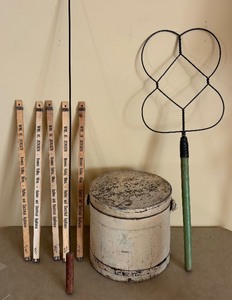 lot 354 image: Vintage Rug Beater, Primitive Wooden Bucket, W.M. H. Jensen Yard Sticks and More