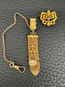 lot 44CC image: Antique Gold Plated Watch Chain and Pin