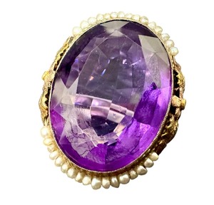 lot 14BB image: Antique 14k Gold Amethyst and Seed Pearl Ring