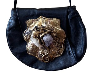lot 336 image: Vintage Copa Collection Brutalist Style Amethyst and Brass Embellished Black Leather Cross Body Handbag