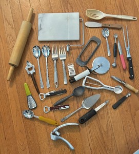 lot 108 image: Kitchen Goodies including Serving Utensils, Rolling Pin, Cheese Slicers and More