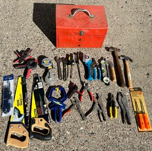 lot 145A image: Vintage Red Tool Box with Variety of Helpful Tools