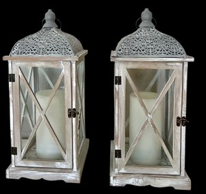 lot 48 image: Pair of Farmhouse Wooden Metal Lanterns  Rustic Decorative Floor Candle Lanterns