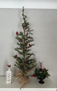 lot 44 image: Pretty Collection of Christmas Decor including a White Tealight Holder with Cardinal, Tree and Candle Centerpiece